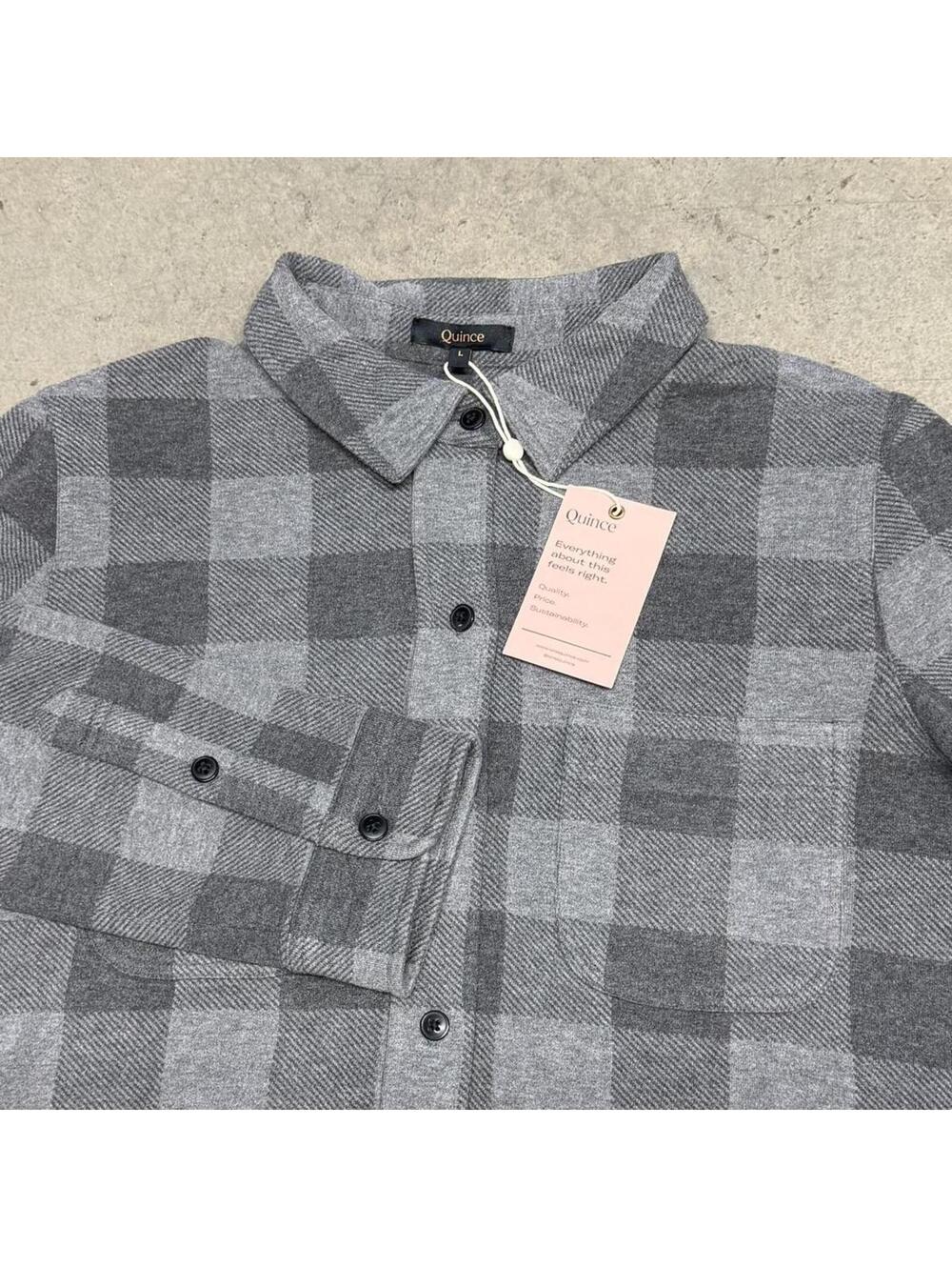 MSRP $170 NWT Quince Grey and Black Plaid Button Up Stretch Sweater Fleece Shirt